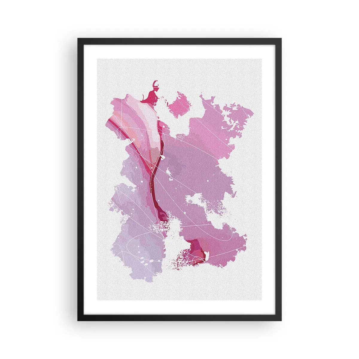 Poster in een zwarte lijst - Abstracte kaart in tinten roze en paars - 50x70cm - Kaart van de roze wereld - Moderne wanddecoratie voor woonkamer en slaapkamer ARTTOR