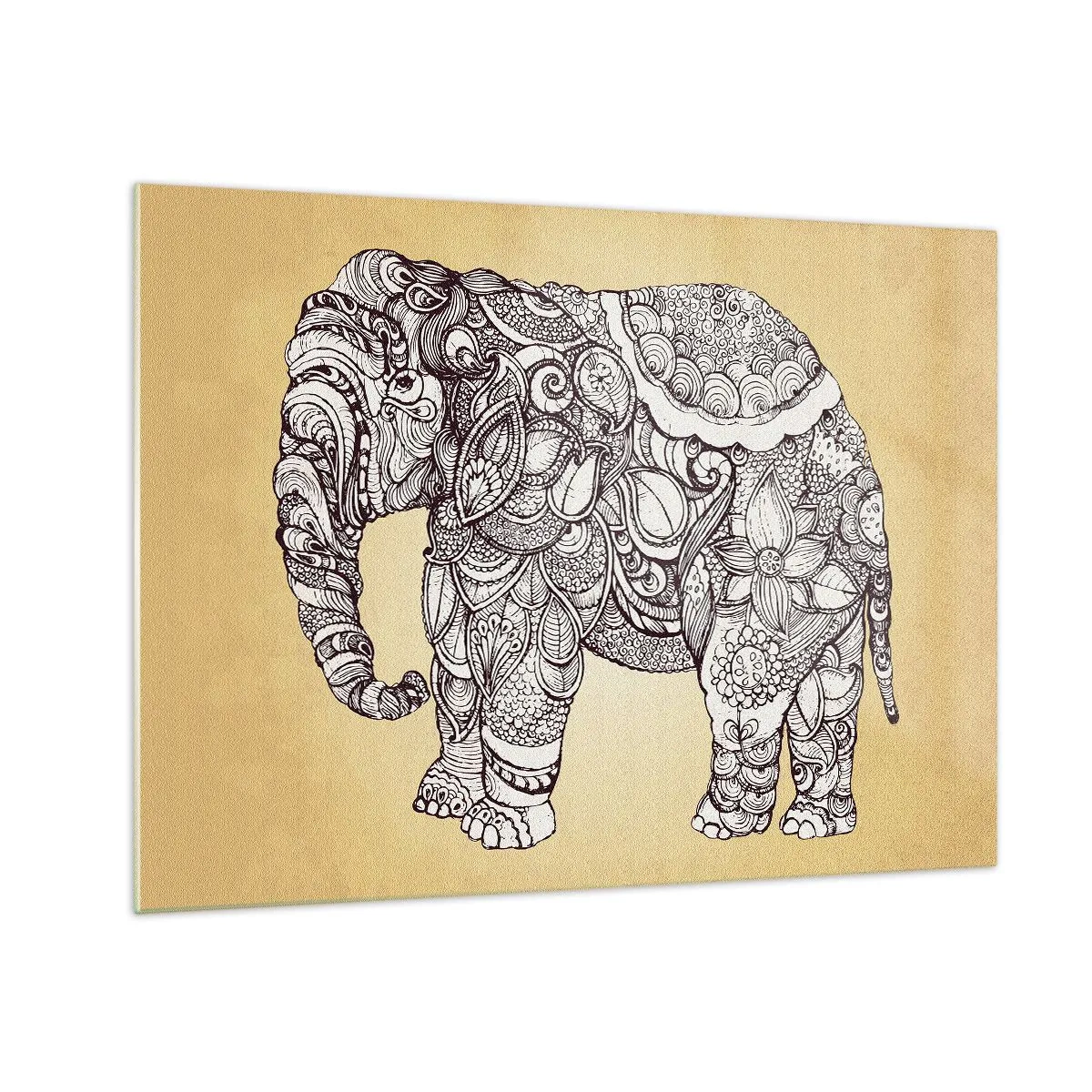 Schilderen op glas - Zwart-witte olifant met oosterse patronen op een beige achtergrond - 70x50cm - De olifant heeft zichzelf bedekt - Moderne wanddecoratie voor woonkamer en slaapkamer ARTTOR