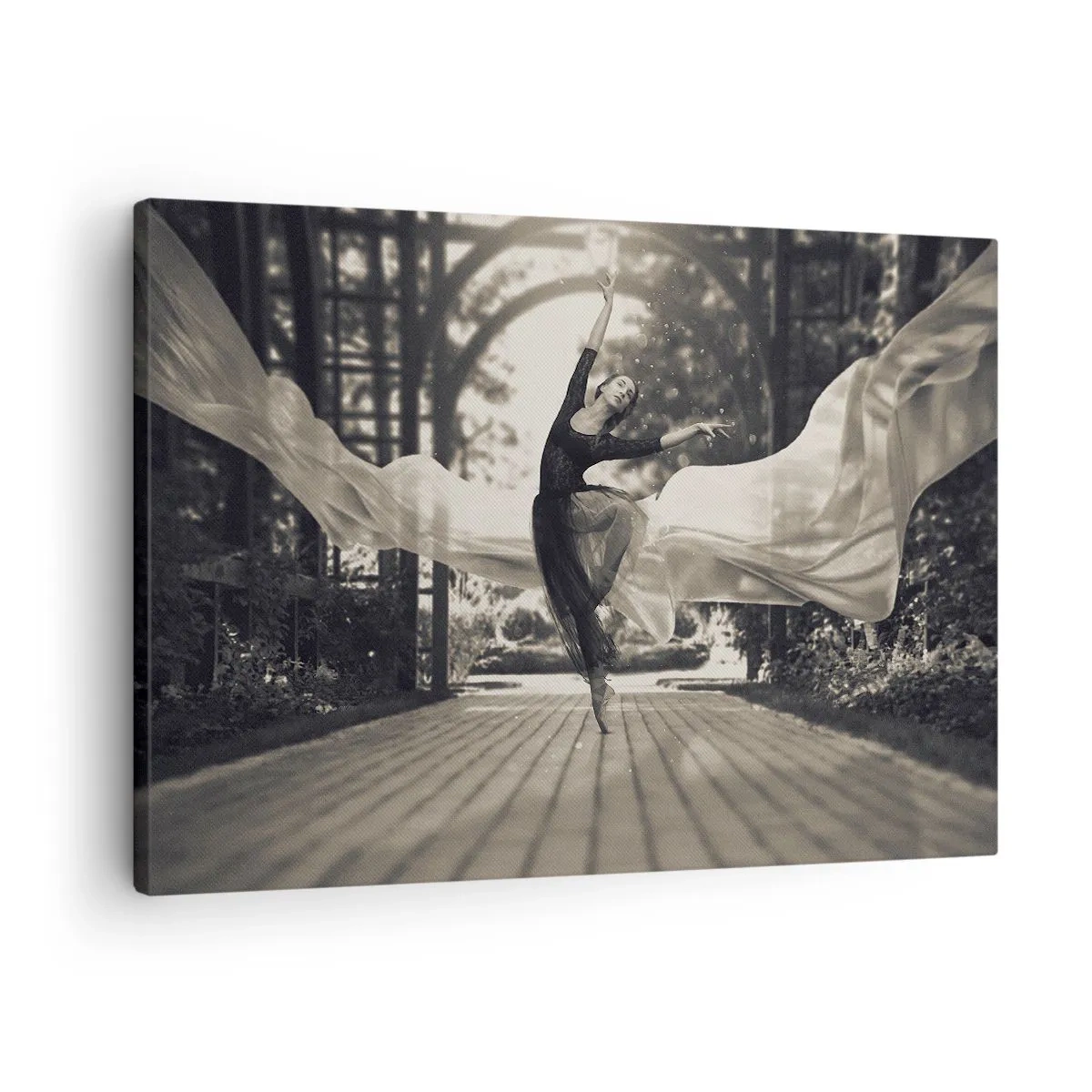 Schilderen op canvas - Een danseres in een zwierige jurk maakt een sprong tegen een zwart-witte tuinachtergrond. - 70x50cm - De dans van de tuingeest - Moderne wanddecoratie voor woonkamer en slaapkamer ARTTOR