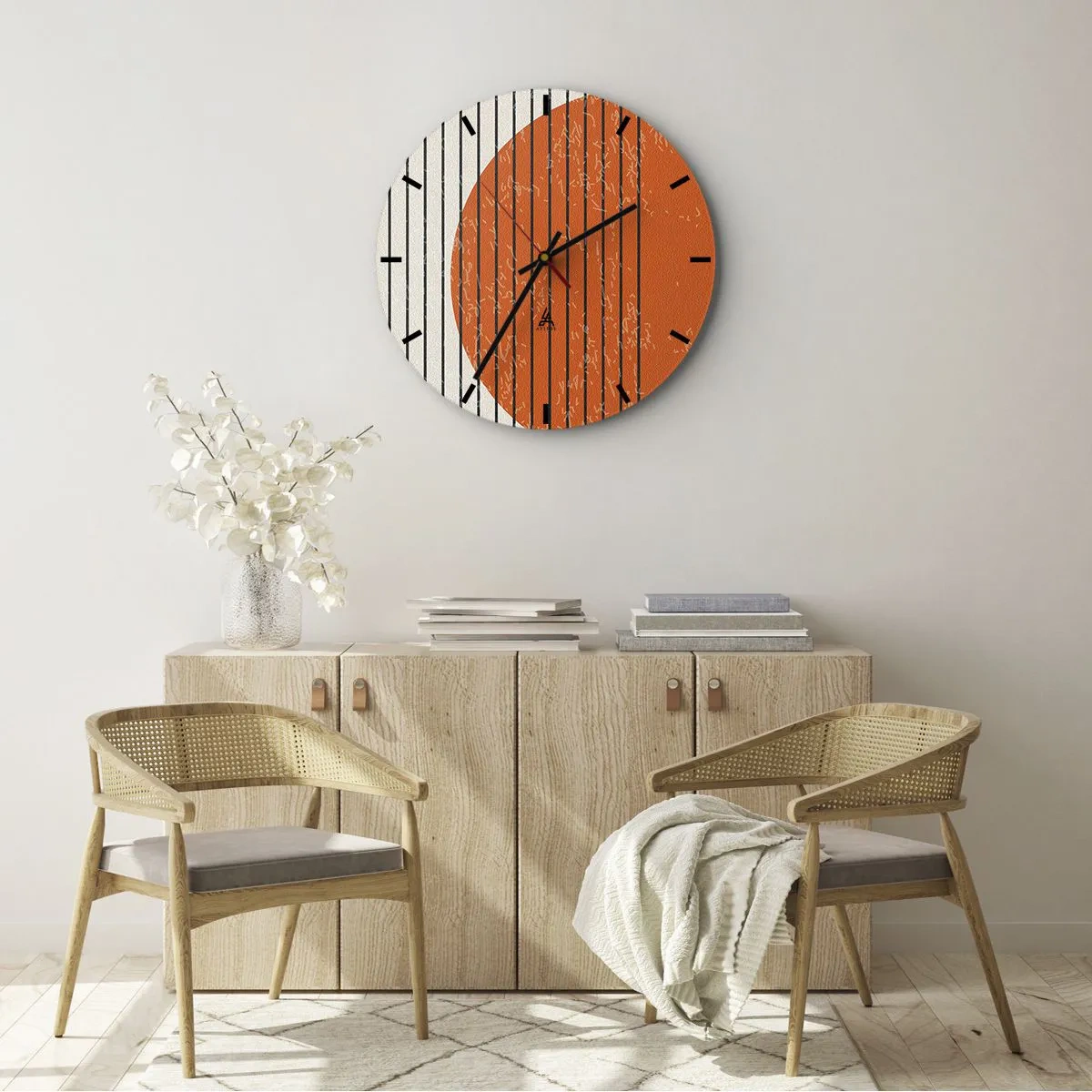 Wandklok - Klok - Oranje cirkel en zwarte lijnen op een beige achtergrond - 30x30cm - Altijd de zon - Moderne wanddecoratie voor woonkamer, keuken en slaapkamer ARTTOR