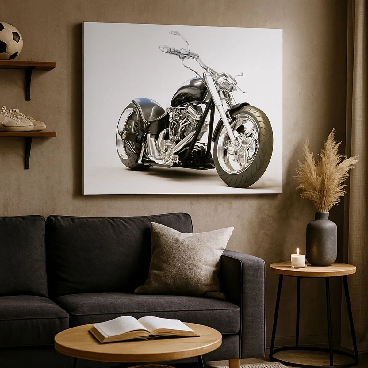 Schilderen op canvas - Stijlvolle zwarte motorfiets op een witte achtergrond - 70x50cm - Kracht met karakter - Moderne wanddecoratie voor woonkamer en slaapkamer ARTTOR