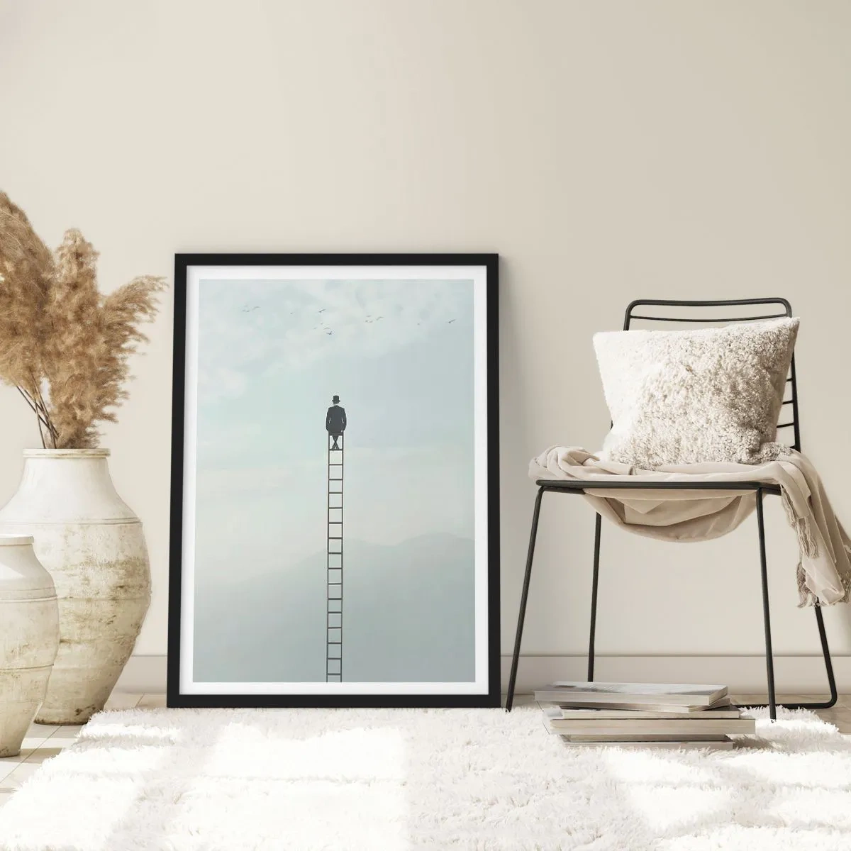 Poster in een zwarte lijst - Man op een ladder die naar de lucht kijkt - 50x70cm - Stap verder op! - Moderne wanddecoratie voor woonkamer en slaapkamer ARTTOR