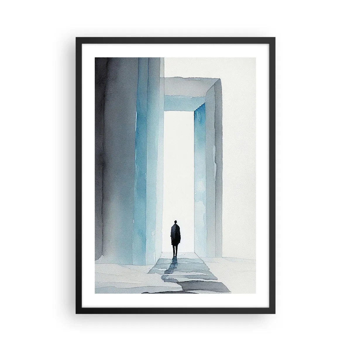 Poster in een zwarte lijst - Een figuur die door een blauwe poort loopt, symboliseert vrijheid en onbegrensde mogelijkheden - 50x70cm - Leef zonder grenzen - Moderne wanddecoratie voor woonkamer en slaapkamer ARTTOR