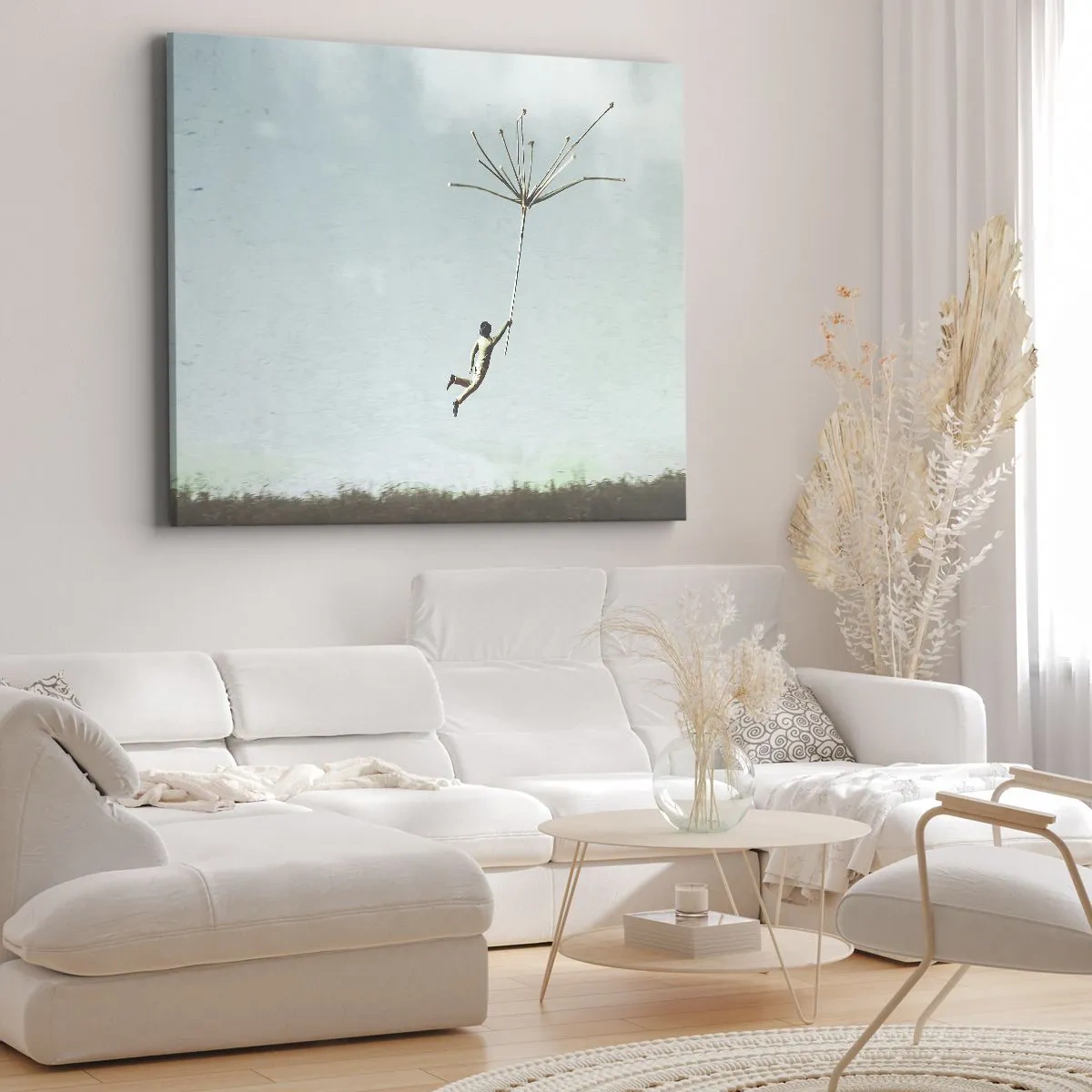 Schilderen op canvas - Een figuur opgetild door een groot paardenbloemzaadje - 70x50cm - Vliegers, paardebloemen, wind - Moderne wanddecoratie voor woonkamer en slaapkamer ARTTOR