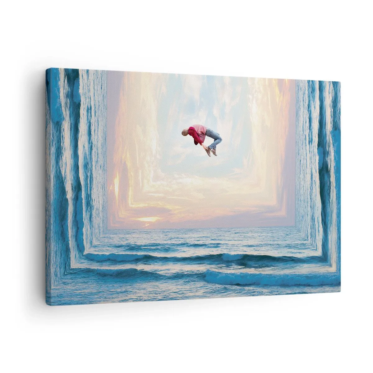 Schilderen op canvas - Surrealistische sprong over de zee in het frame - 70x50cm - Naar een andere dimensie - Moderne wanddecoratie voor woonkamer en slaapkamer ARTTOR