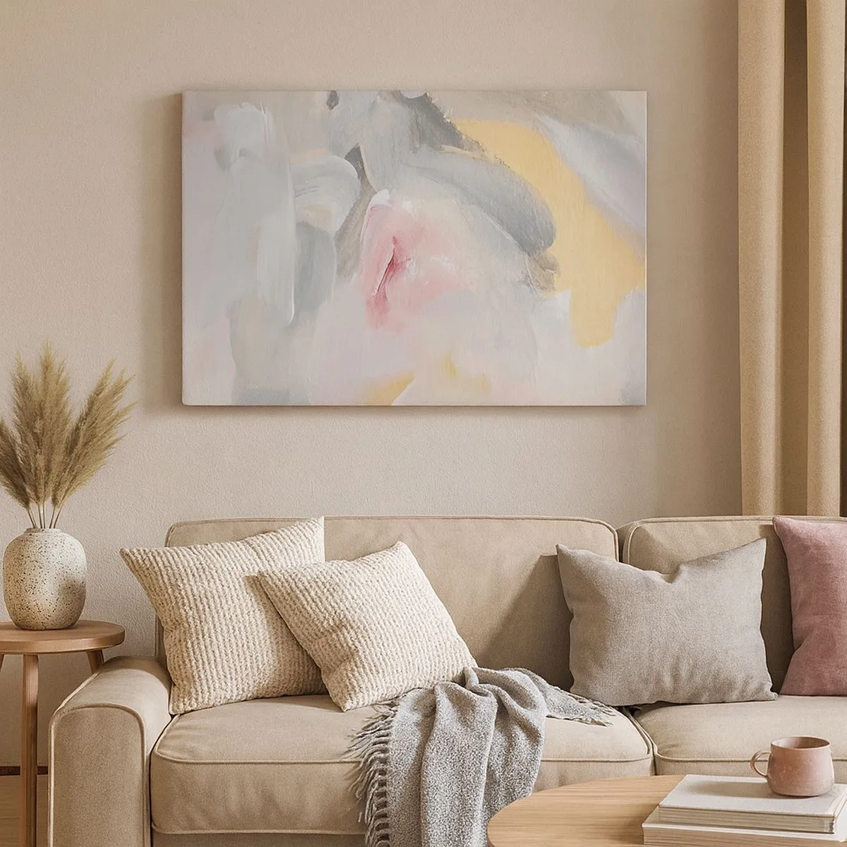 Schilderen op canvas - Abstracte pastelstreken in tinten roze en grijs. - 70x50cm - In een pastelkleurige wereld - Moderne wanddecoratie voor woonkamer en slaapkamer ARTTOR