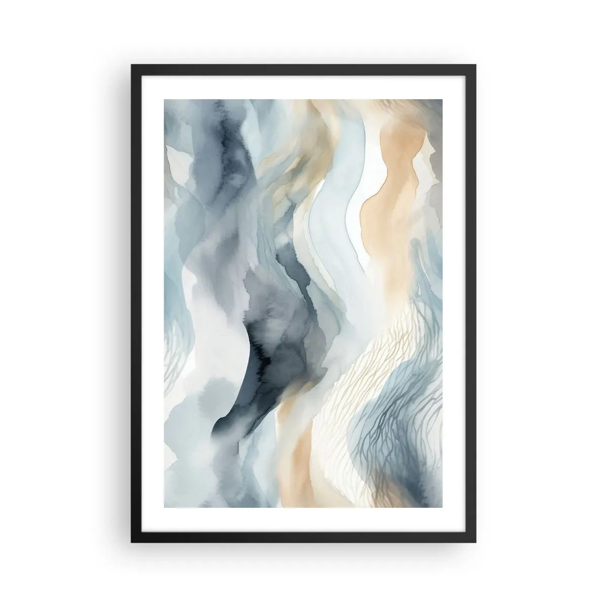 Poster in een zwarte lijst - Abstracte golven in tinten beige en marineblauw - 50x70cm - Besneeuwde en mistige abstractie - Moderne wanddecoratie voor woonkamer en slaapkamer ARTTOR