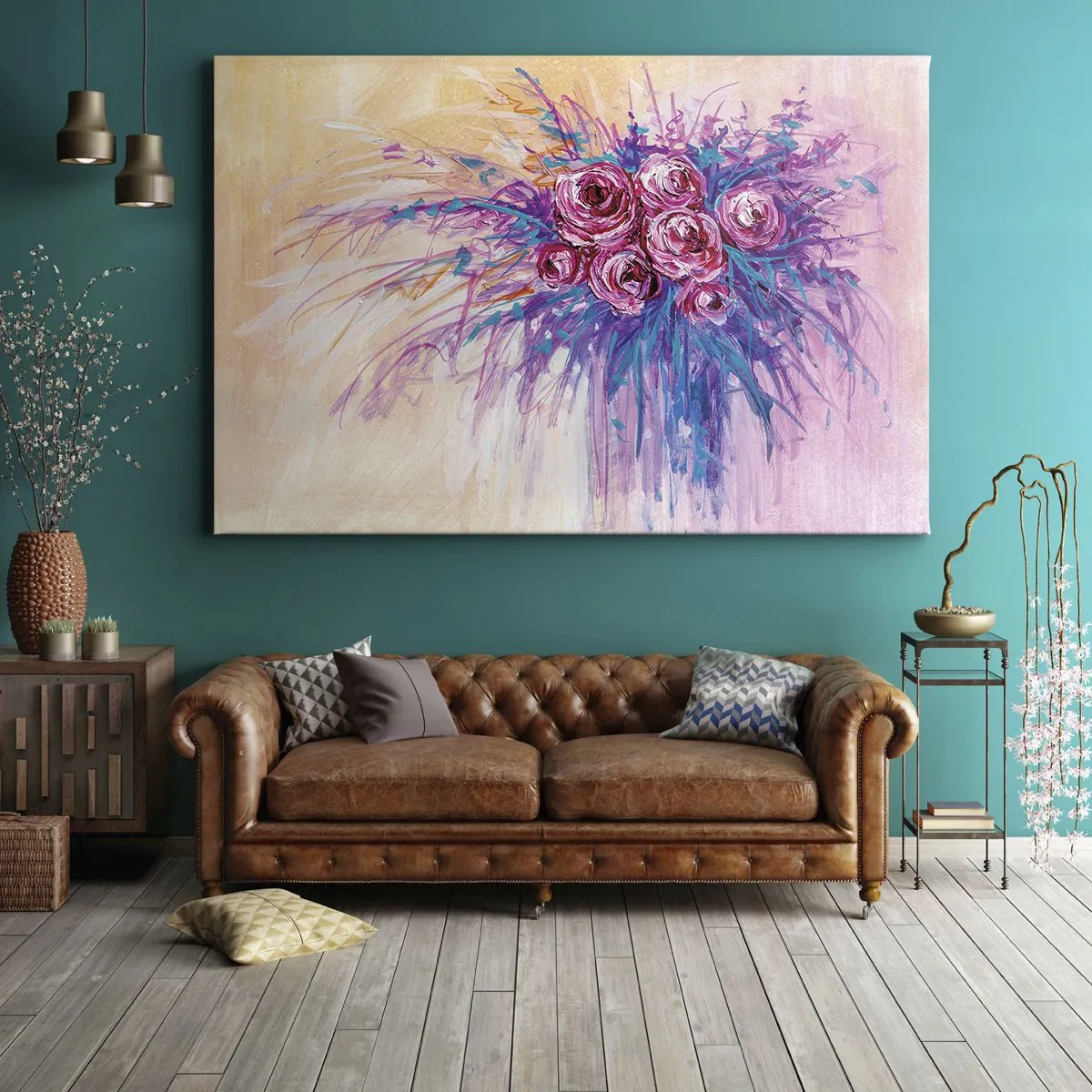Schilderen op canvas - Een boeket rozen in pastelkleuren - 70x50cm - Rozenfontein - Moderne wanddecoratie voor woonkamer en slaapkamer ARTTOR