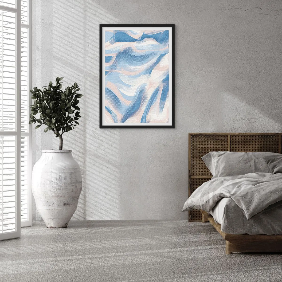 Poster in een zwarte lijst - Abstracte golf in tinten blauw en beige - 50x70cm - Blauwe golven - Moderne wanddecoratie voor woonkamer en slaapkamer ARTTOR