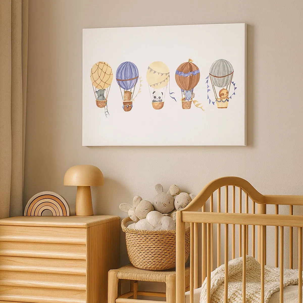 Schilderen op canvas - Schattige dieren in ballonnen op een witte achtergrond - 70x50cm - Vrienden onderweg - Moderne wanddecoratie voor woonkamer en slaapkamer ARTTOR