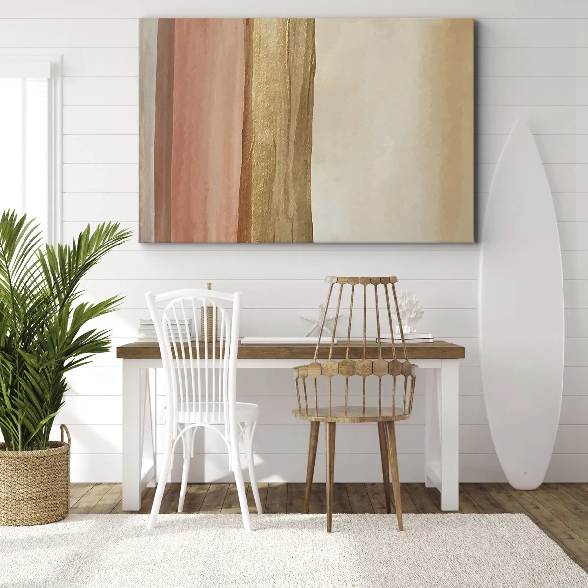 Schilderen op canvas - Abstracte strepen in tinten beige, goud en roze op canvas - 70x50cm - Verticale compositie - Moderne wanddecoratie voor woonkamer en slaapkamer ARTTOR