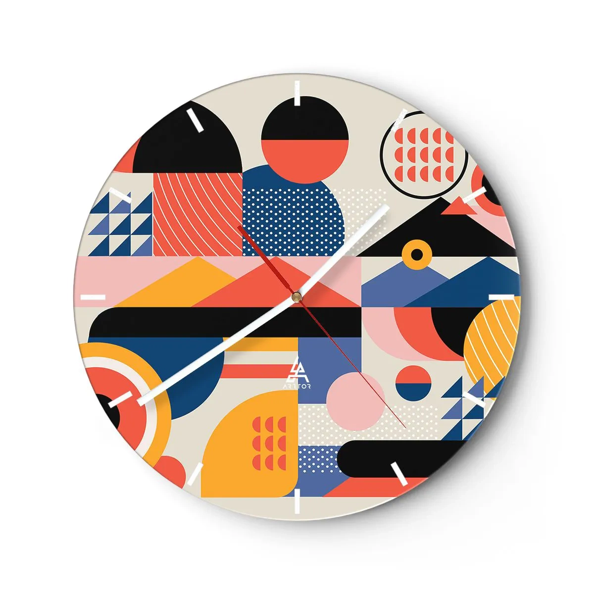Wandklok - Klok - Kleurrijke geometrische abstractie in retrostijl - 30x30cm - Compositie: speel rond - Moderne wanddecoratie voor woonkamer, keuken en slaapkamer ARTTOR