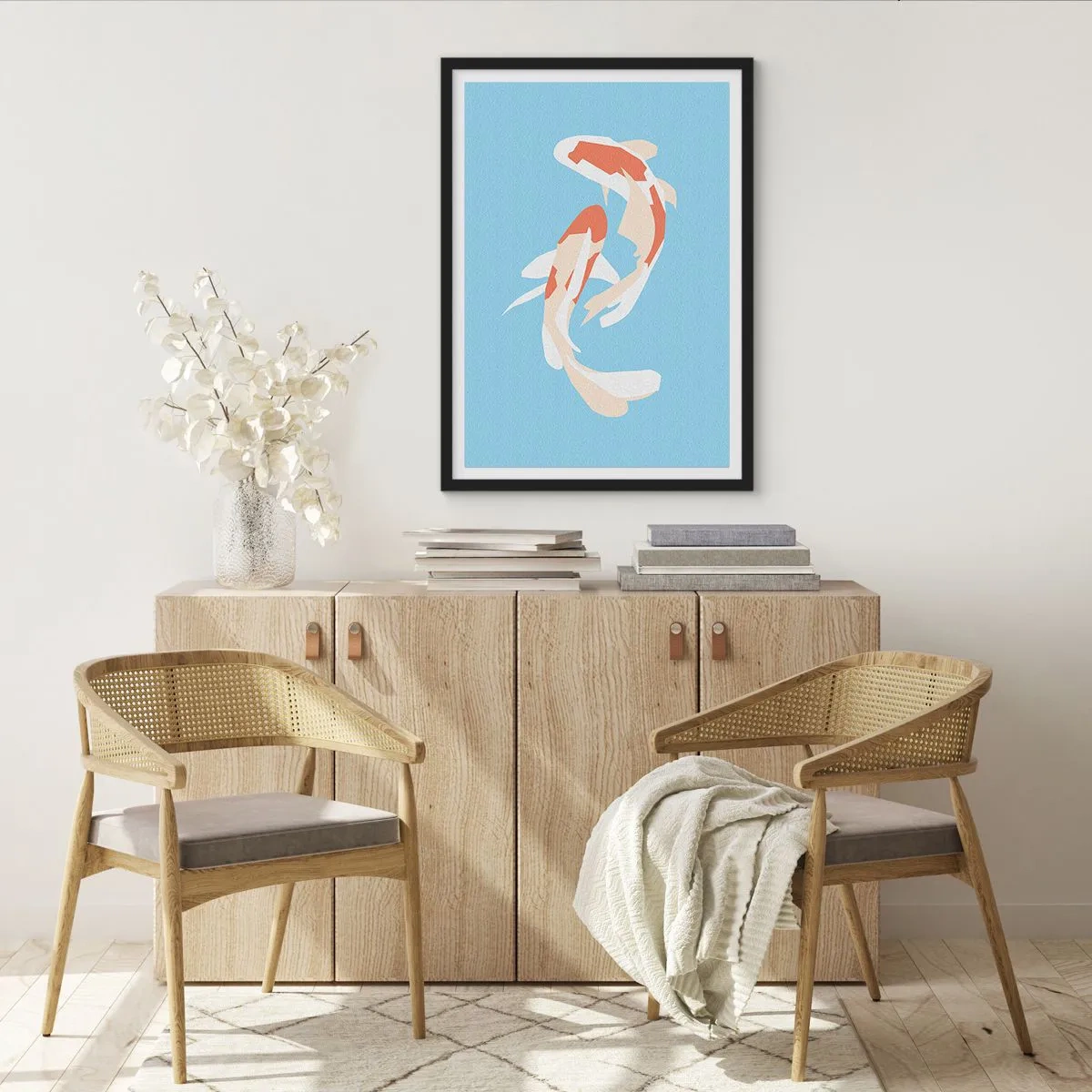 Poster in een zwarte lijst - Twee koikarpers zwemmen in harmonie - 50x70cm - Spontaan synchroonzwemmen - Moderne wanddecoratie voor woonkamer en slaapkamer ARTTOR