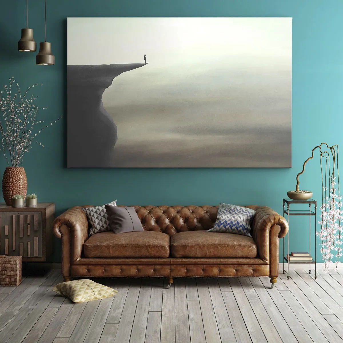 Schilderen op canvas - Silhouet van een figuur op de rand van een klif in een mistig landschap - 70x50cm - Omhoog, natuurlijk! - Moderne wanddecoratie voor woonkamer en slaapkamer ARTTOR