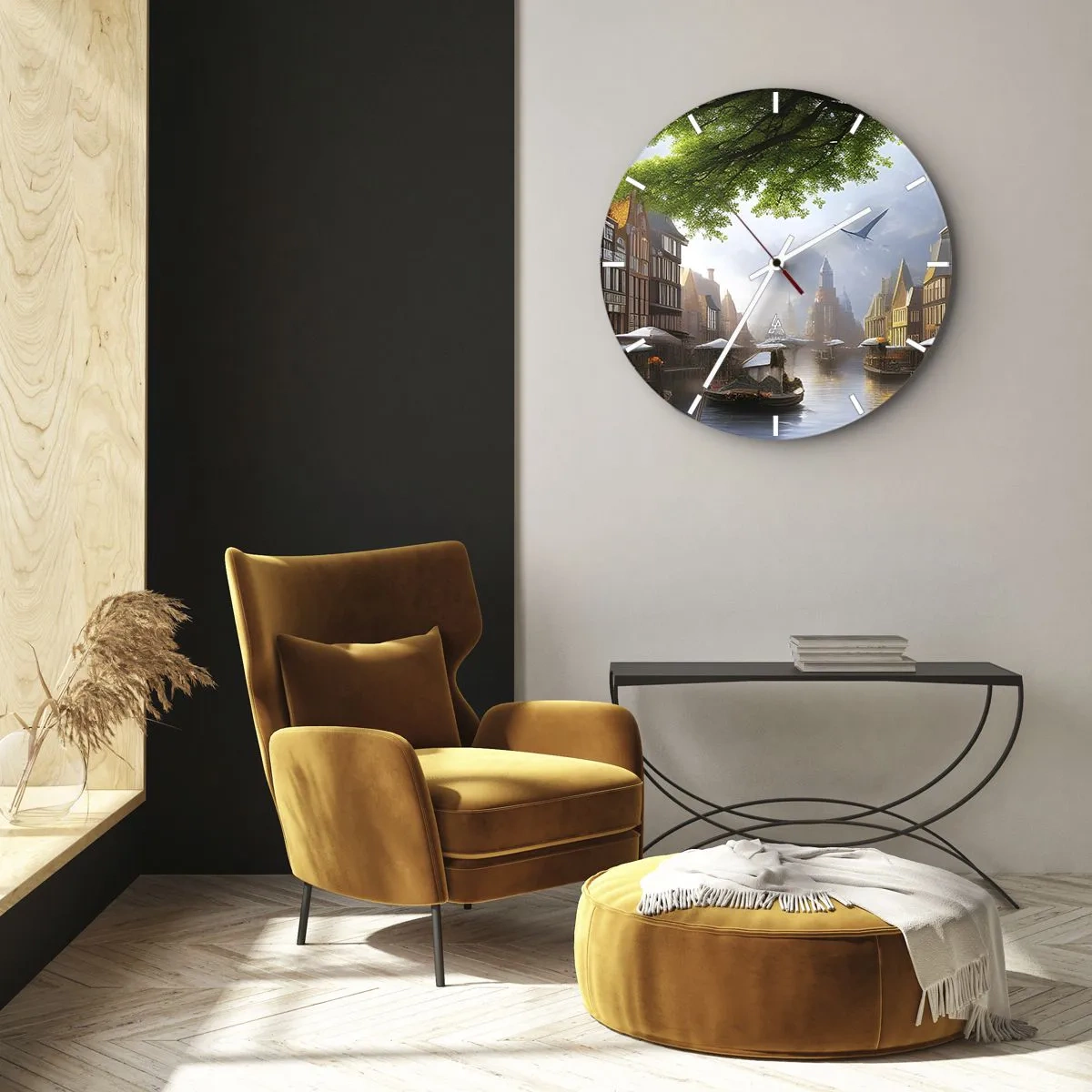 Wandklok - Klok - Waterkanaal met boten en historische huurkazernes - 30x30cm - Hollands stadsbeeld - Moderne wanddecoratie voor woonkamer, keuken en slaapkamer ARTTOR