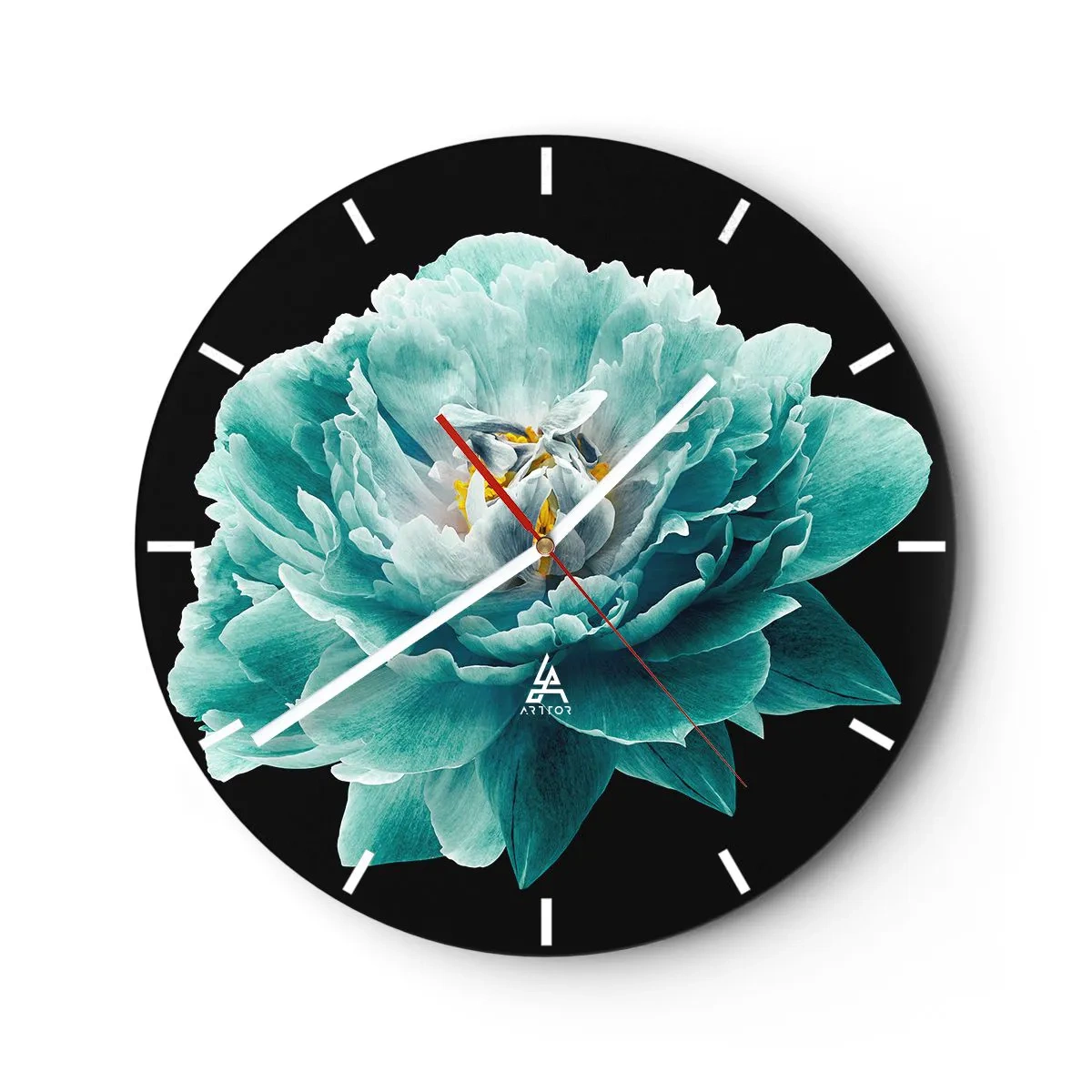 Wandklok - Klok - Turquoise pioenroos op een zwarte achtergrond - 30x30cm - Blauwe en gouden bloemblaadjes - Moderne wanddecoratie voor woonkamer, keuken en slaapkamer ARTTOR