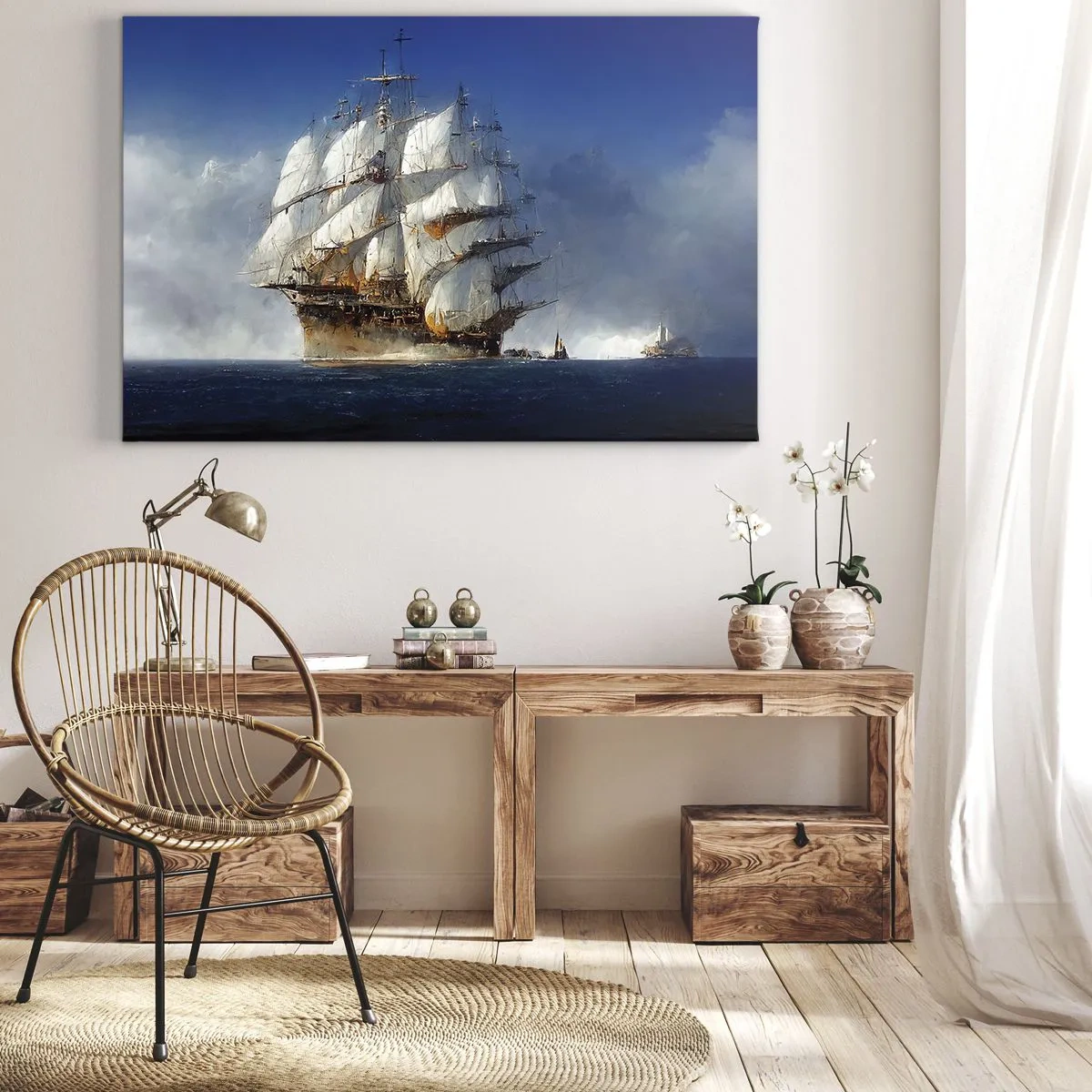 Schilderen op canvas - Een zeilschip op open zee onder een blauwe lucht - 70x50cm - The great glory! - Moderne wanddecoratie voor woonkamer en slaapkamer ARTTOR