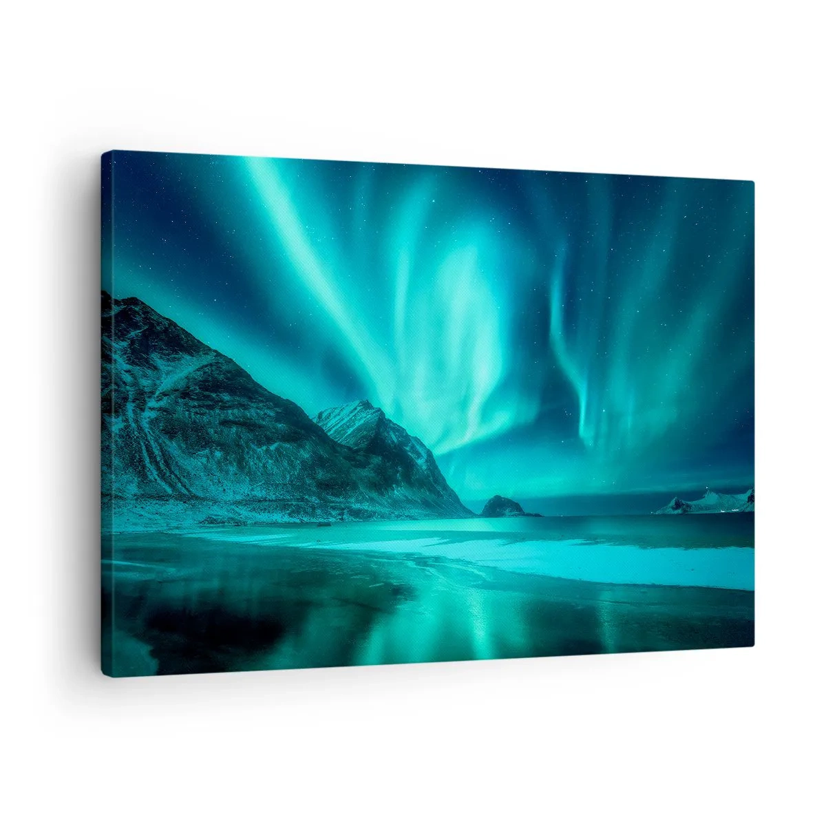 Schilderen op canvas - Aurora Borealis boven een bergachtig winterlandschap - 70x50cm - Wonderen van het Noorden - Moderne wanddecoratie voor woonkamer en slaapkamer ARTTOR