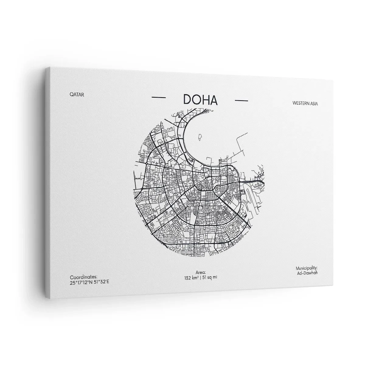 Schilderen op canvas - Een minimalistische kaart van Doha in zwart-wit met nauwkeurige details. - 70x50cm - Anatomie van Doha - Moderne wanddecoratie voor woonkamer en slaapkamer ARTTOR