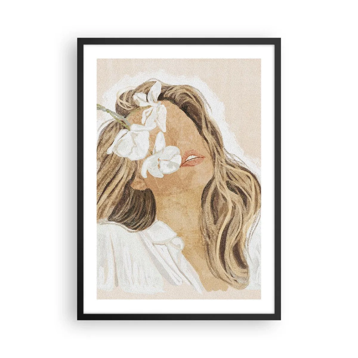 Poster in een zwarte lijst - Portret van een vrouw met bloemen die haar gezicht bedekken - 50x70cm - Tussen de bloemen in vervoering - Moderne wanddecoratie voor woonkamer en slaapkamer ARTTOR