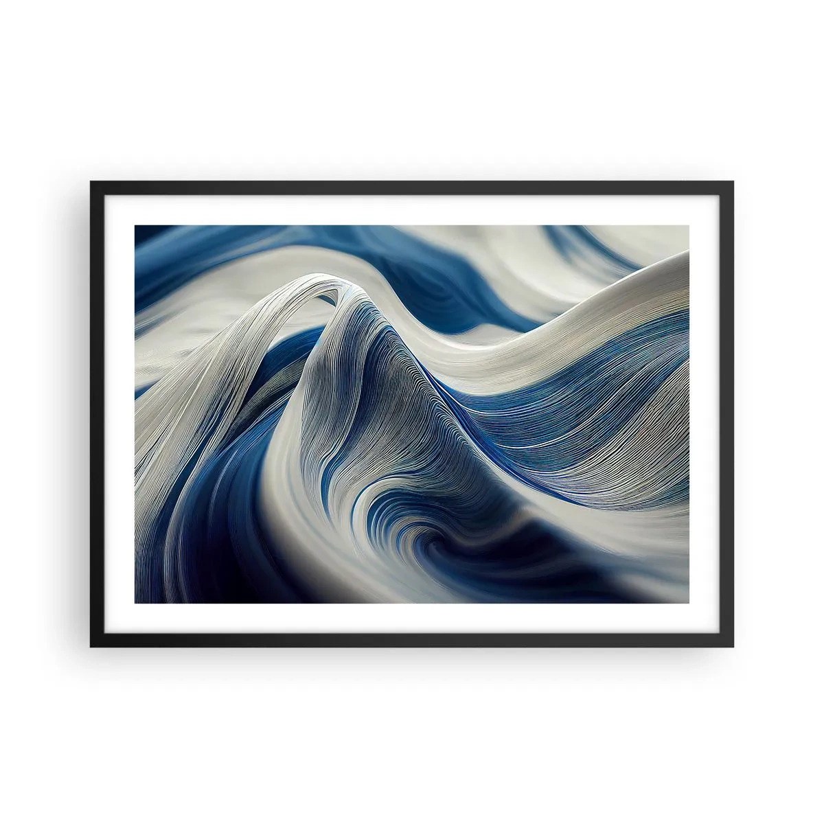 Poster in een zwarte lijst - De vloeibaarheid van blauw en wit - 70x50 cm