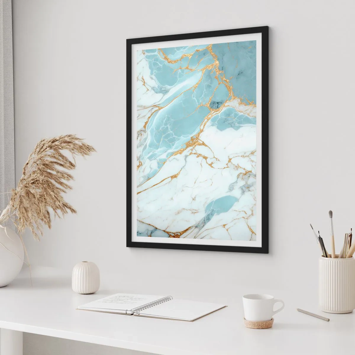Poster in een zwarte lijst - Elegant marmer in tinten blauw en goud - 50x70cm - Rijkdom van steen - Moderne wanddecoratie voor woonkamer en slaapkamer ARTTOR
