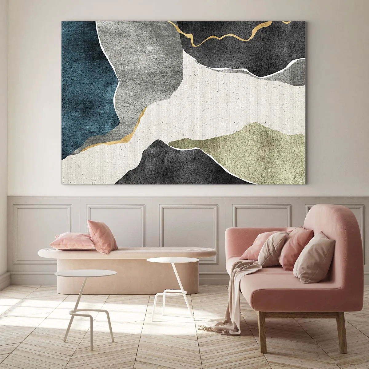 Schilderen op glas - Abstract mozaïek met organische vormen en een gouden lijn - 70x50cm - Mozaïekcompositie met gouddraad - Moderne wanddecoratie voor woonkamer en slaapkamer ARTTOR
