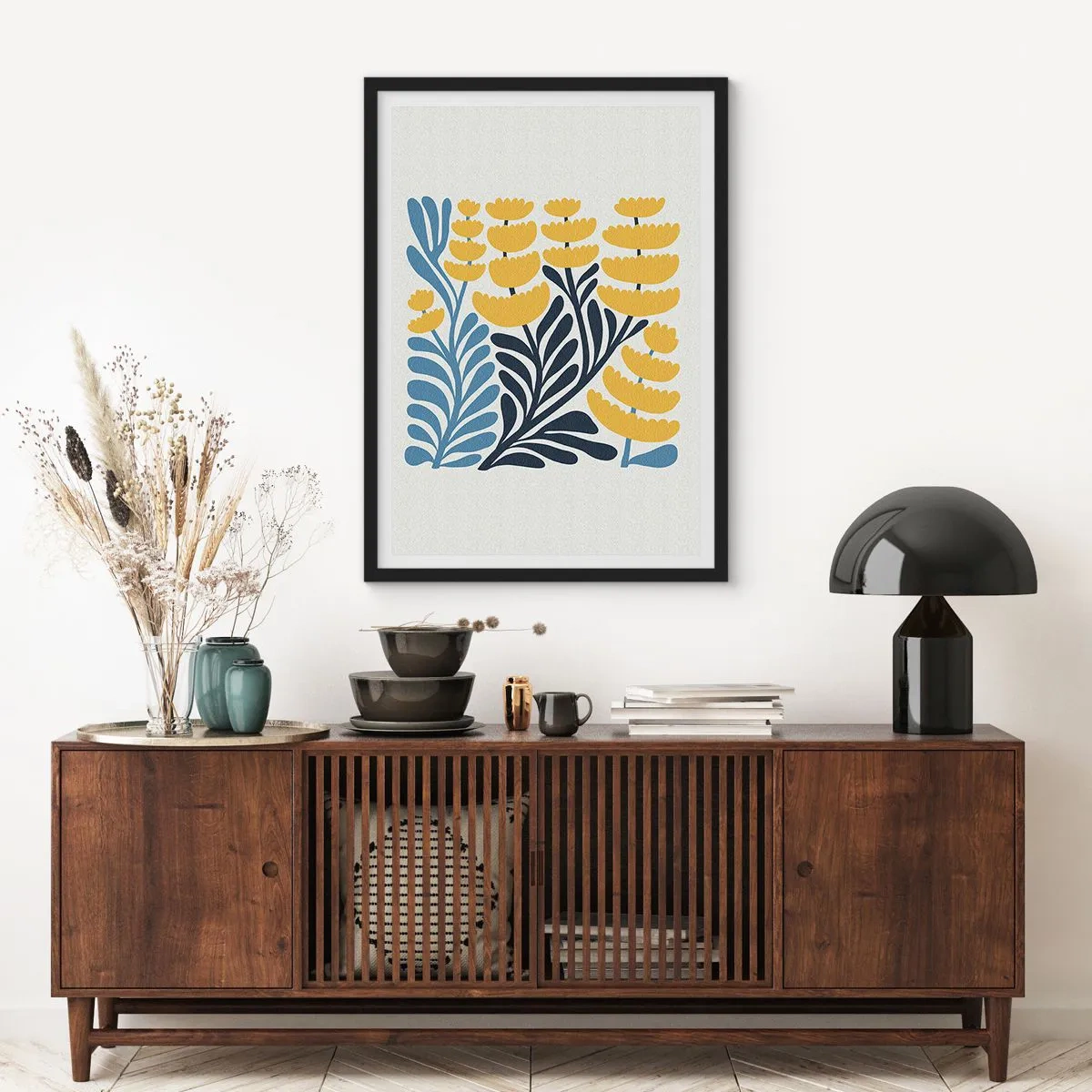 Poster in een zwarte lijst - Gestileerde gele en marineblauwe bloemen in een minimalistische stijl - 50x70cm - Zonnig bloembed - Moderne wanddecoratie voor woonkamer en slaapkamer ARTTOR