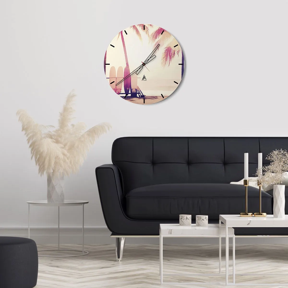Wandklok - Klok - Surfplanken en palmbomen op het strand bij zonsopgang - 30x30cm - Het wordt een geweldige dag - Moderne wanddecoratie voor woonkamer, keuken en slaapkamer ARTTOR