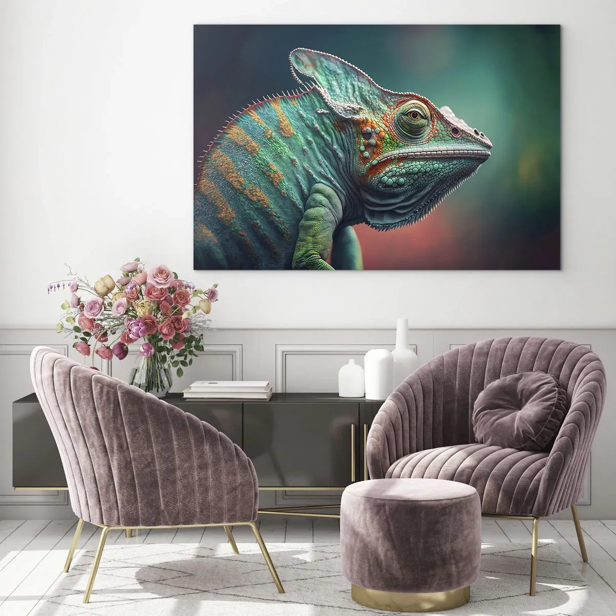 Schilderen op glas - Een kleurrijke kameleon tegen een onscherpe achtergrond in fel licht. - 70x50cm - Jij ziet mij? Niet goed… - Moderne wanddecoratie voor woonkamer en slaapkamer ARTTOR
