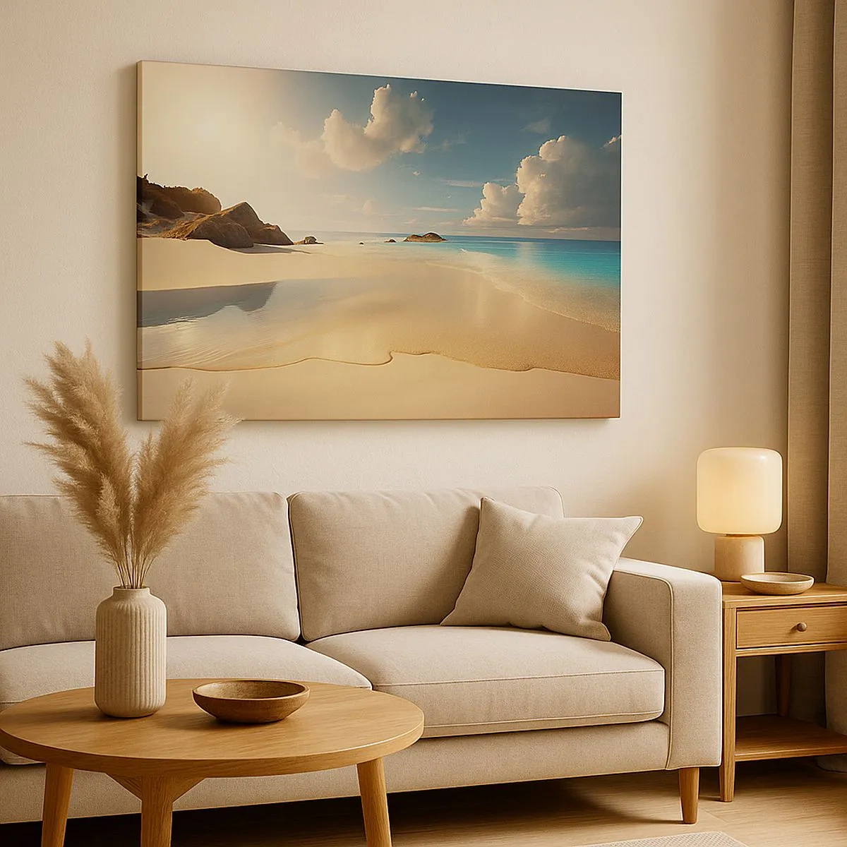 Schilderen op canvas - Een zonnig strand met blauwe zee en rotsen - 70x50cm - Een droomdag - Moderne wanddecoratie voor woonkamer en slaapkamer ARTTOR