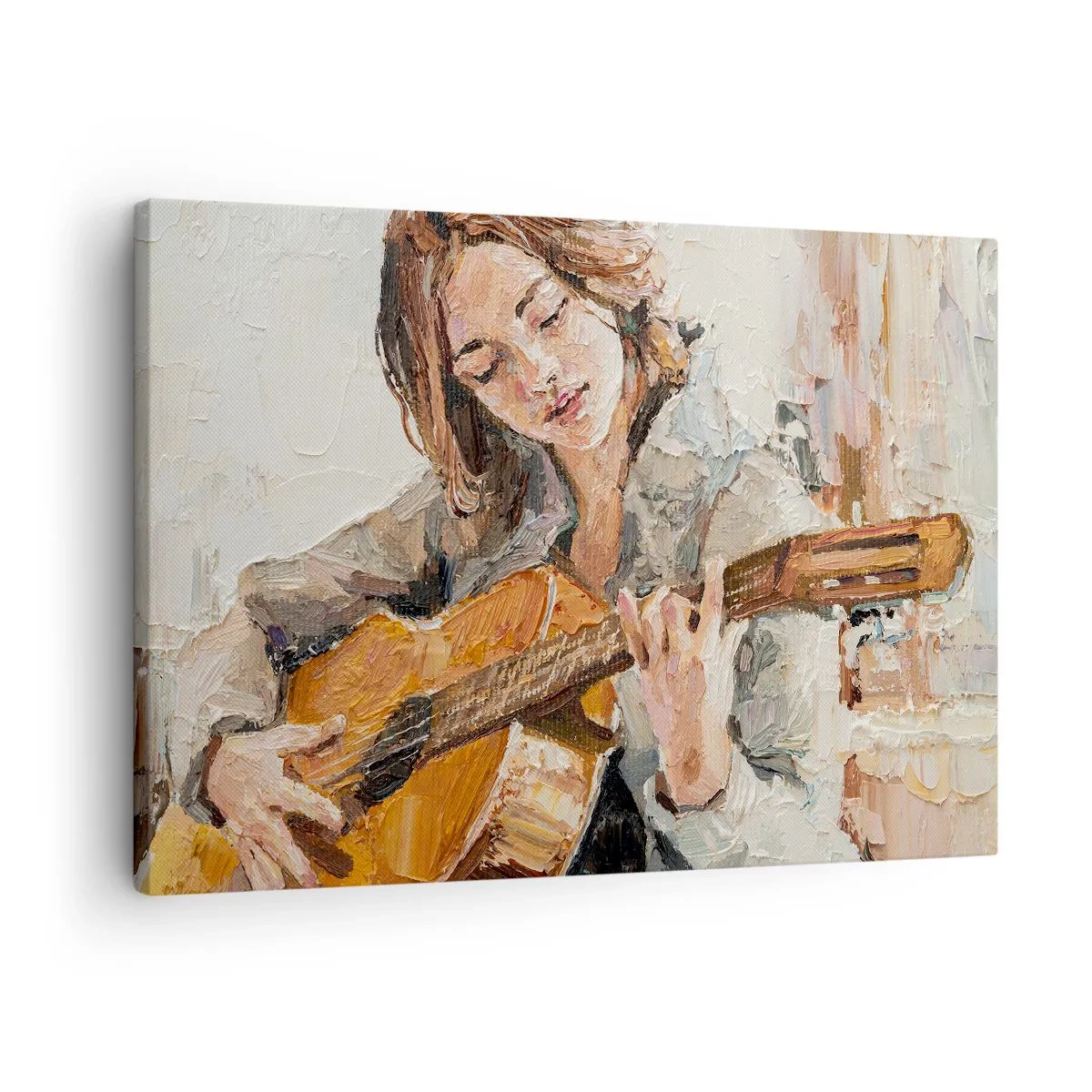 Schilderen op canvas - Portret van een meisje dat gitaar speelt, geschilderd in schilderachtige stijl met warme kleuren. - 70x50cm - Concerto voor gitaar en een meisjeshart - Moderne wanddecoratie voor woonkamer en slaapkamer ARTTOR