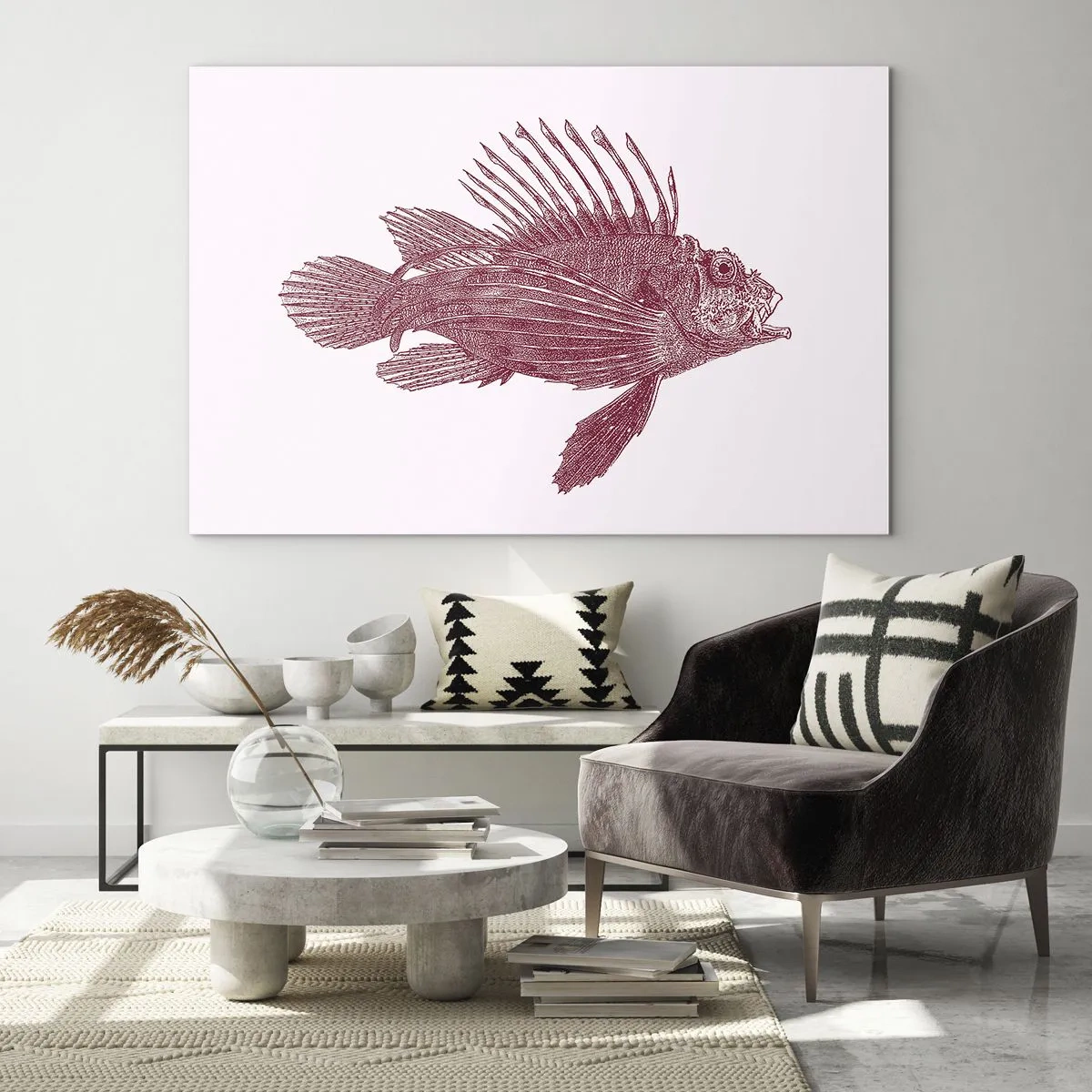 Schilderen op glas - Schets van een exotische vis in bordeauxrode kleur op een lichte achtergrond - 70x50cm - Inwoner van exotische wateren - Moderne wanddecoratie voor woonkamer en slaapkamer ARTTOR