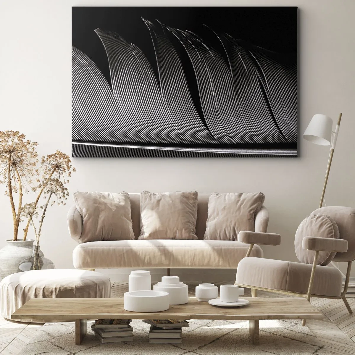 Schilderen op canvas - Zwart-witte veertextuur in een minimalistische stijl - 70x50cm - Een veer - prachtig ontwerp - Moderne wanddecoratie voor woonkamer en slaapkamer ARTTOR