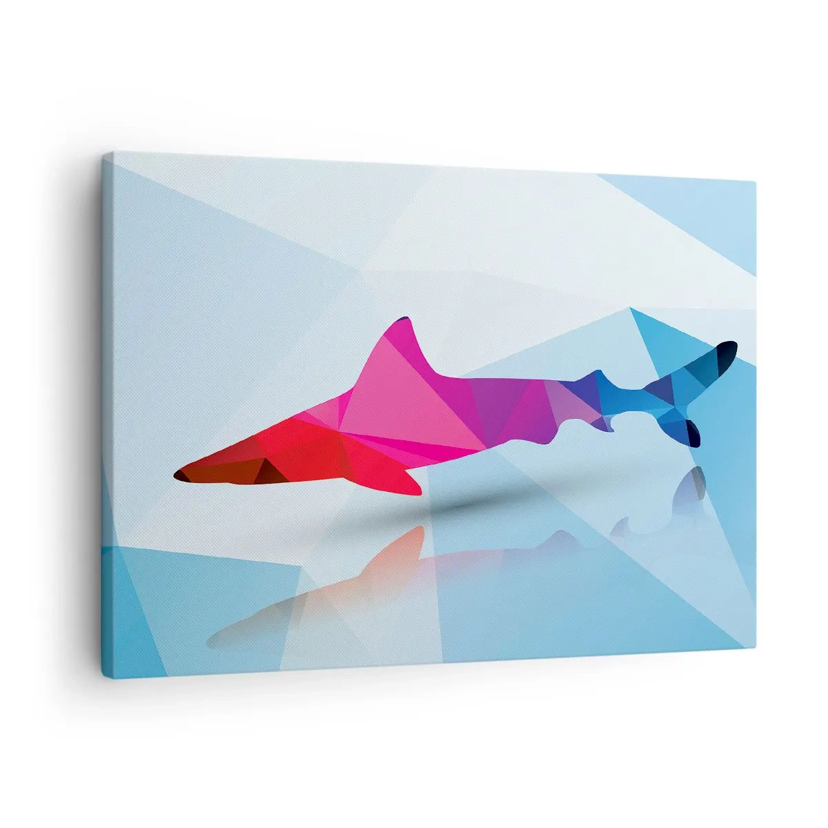 Schilderen op canvas - Geometrisch haaiensilhouet in tinten roze en blauw - 70x50cm - Een haai in een kristallen ruimte - Moderne wanddecoratie voor woonkamer en slaapkamer ARTTOR