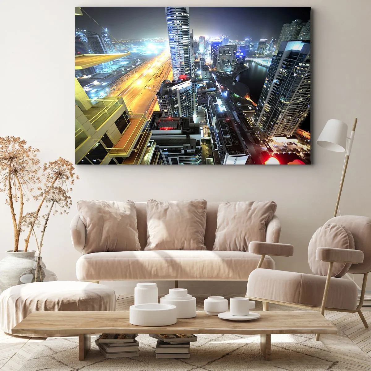Schilderen op canvas - Panorama van de nachtelijke stad met verlichte wolkenkrabbers - 70x50cm - Een wonder in de woestijn - Moderne wanddecoratie voor woonkamer en slaapkamer ARTTOR