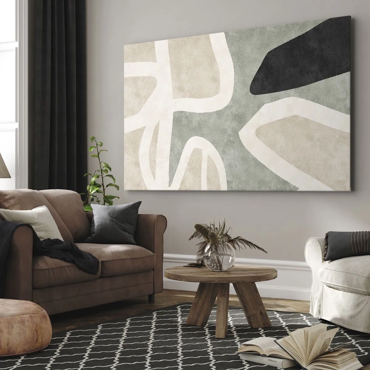 Schilderen op canvas - Abstracte vormen in gedempte kleuren - 70x50cm - Compositie met een zwart motief - Moderne wanddecoratie voor woonkamer en slaapkamer ARTTOR