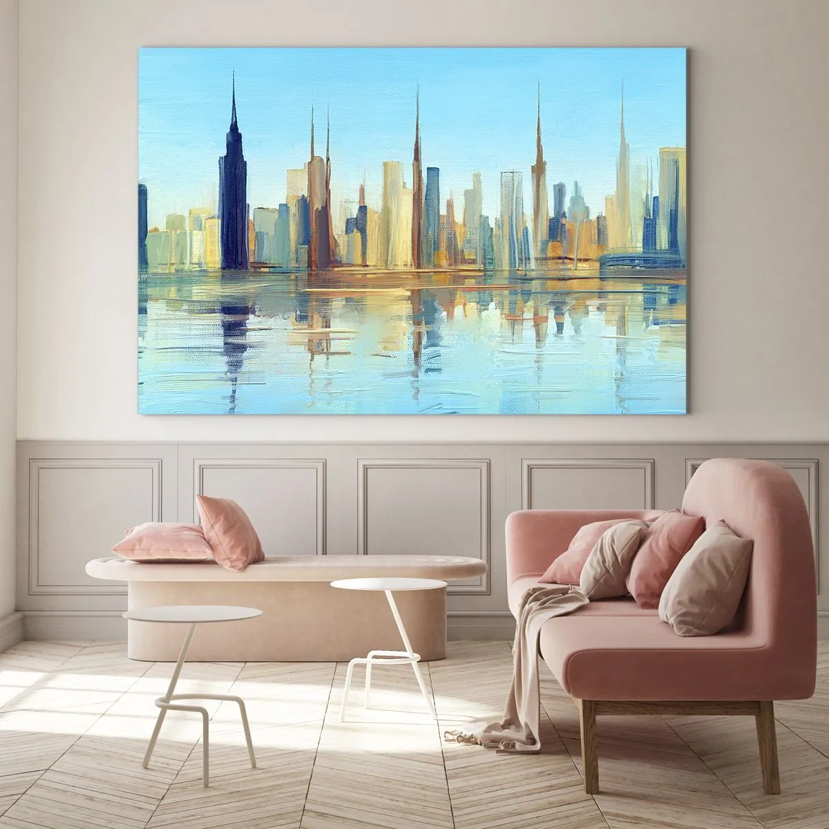 Schilderen op glas - Een panorama van de metropool weerspiegeld in het water onder een blauwe lucht - 70x50cm - Een zonnige metropool - Moderne wanddecoratie voor woonkamer en slaapkamer ARTTOR