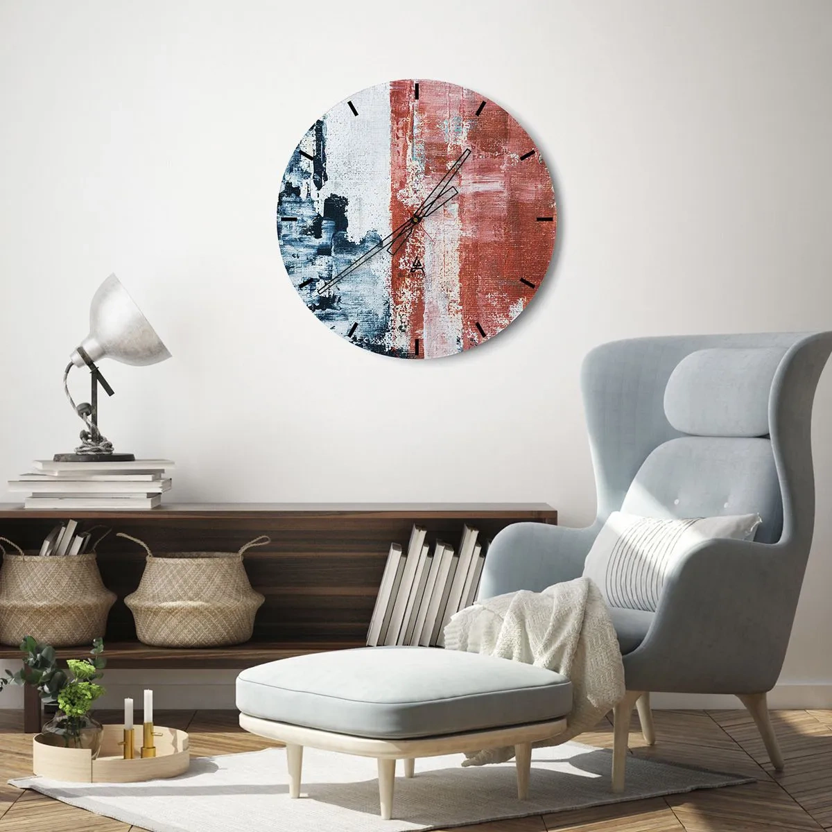 Wandklok - Klok - Abstracte compositie in tinten blauw en rood - 30x30cm - Fifty Fifty abstract - Moderne wanddecoratie voor woonkamer, keuken en slaapkamer ARTTOR