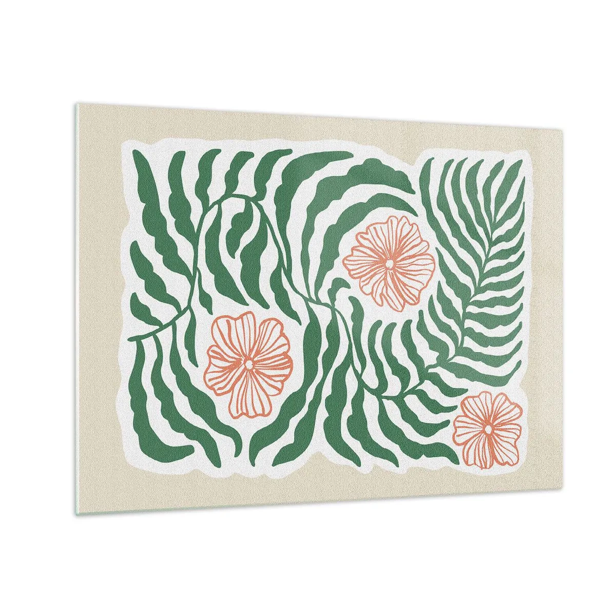 Schilderen op glas - Groene bladeren en rode bloemen in een grafische opstelling - 70x50cm - Bloeiend in het groen - Moderne wanddecoratie voor woonkamer en slaapkamer ARTTOR