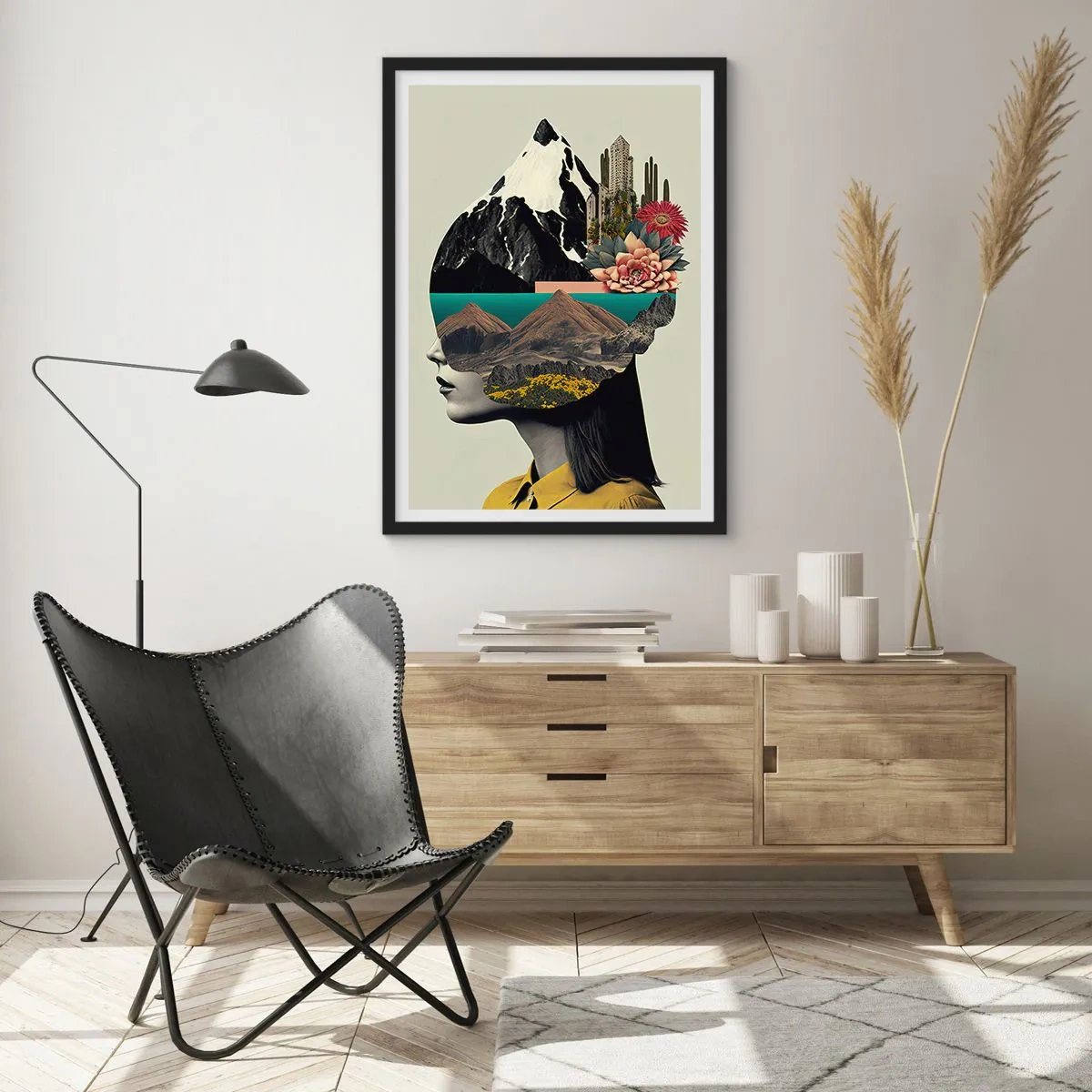 Poster in een zwarte lijst - Een vrouw met een surrealistisch landschap in haar hoofd - 50x70cm - Vrouw – altijd een mysterie - Moderne wanddecoratie voor woonkamer en slaapkamer ARTTOR
