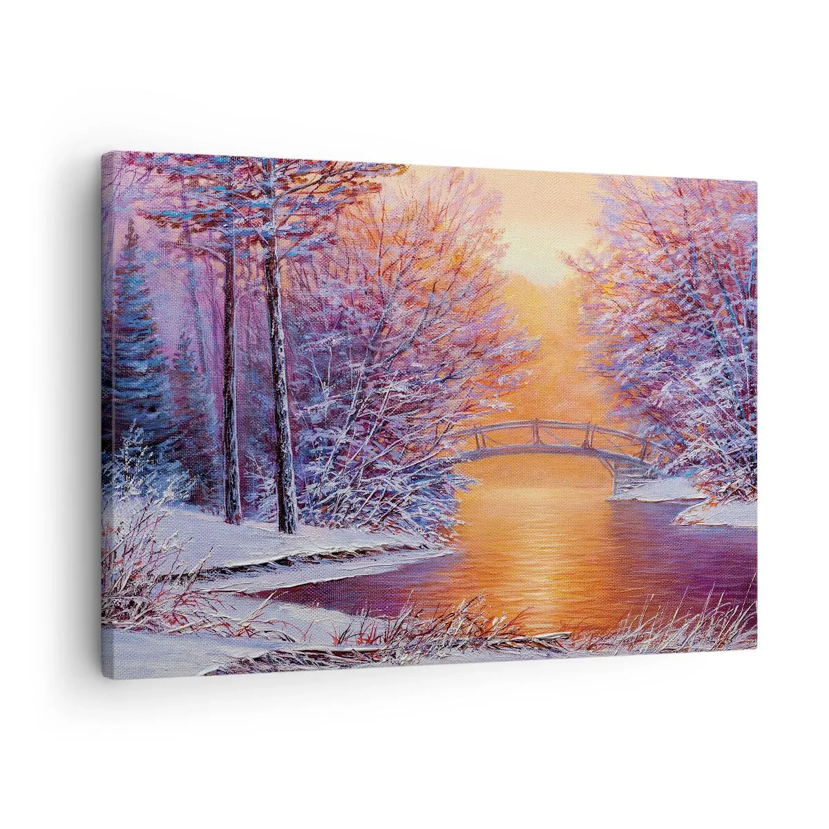 Schilderen op canvas - Winterlandschap met een brug en zonsondergang - 70x50cm - Laten we elkaar hier ontmoeten - Moderne wanddecoratie voor woonkamer en slaapkamer ARTTOR