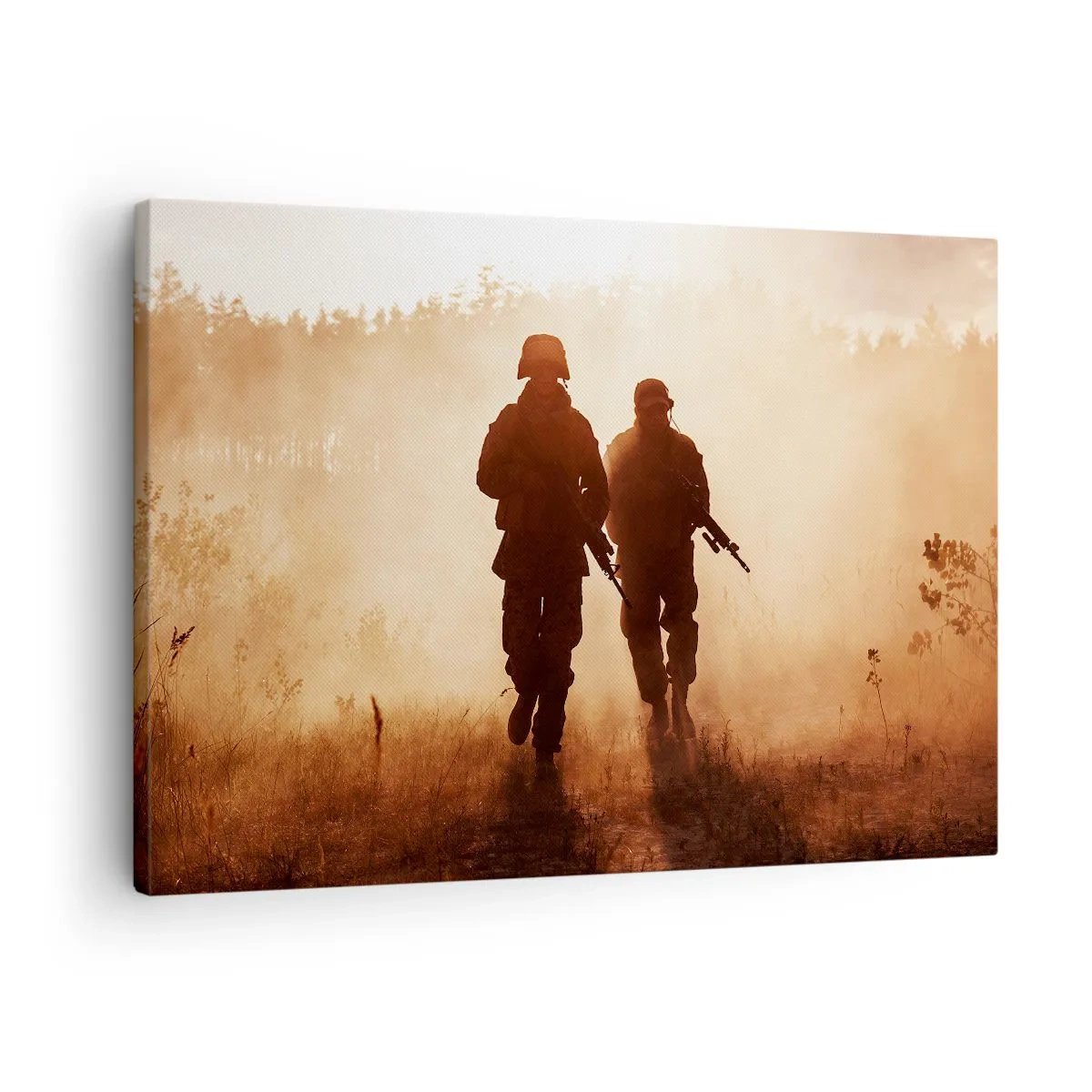 Schilderen op canvas - Soldaten marcheren in de ochtendmist tegen een achtergrond van natuur - 70x50cm - Plicht - Moderne wanddecoratie voor woonkamer en slaapkamer ARTTOR