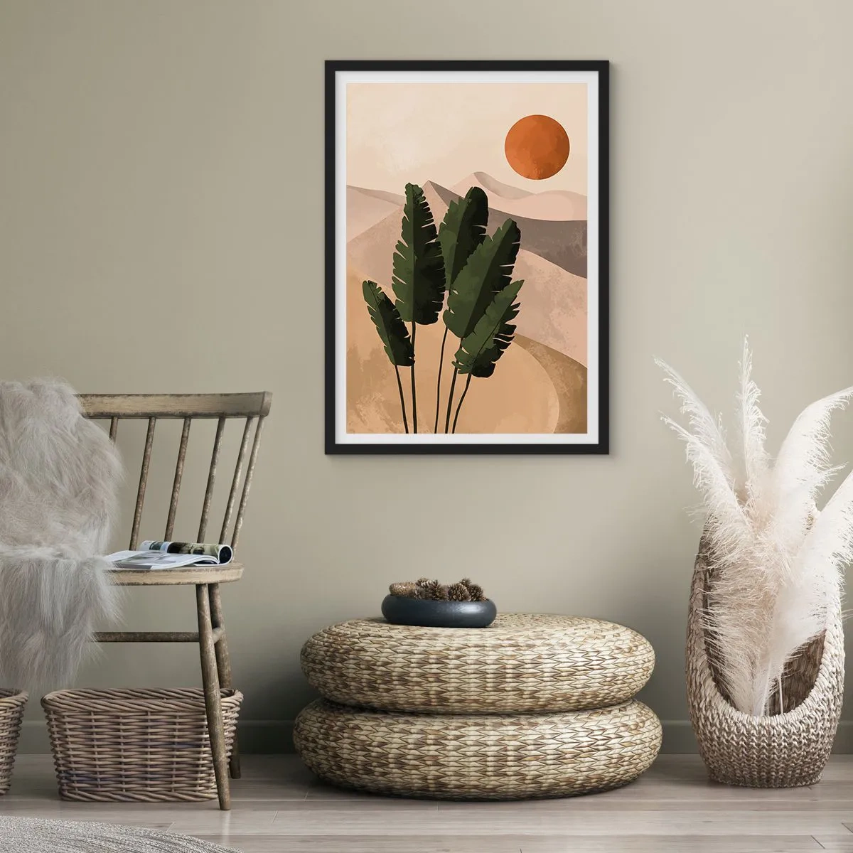 Poster in een zwarte lijst - Planten in een woestijnachtige omgeving met ondergaande zon, abstract landschap - 50x70cm - De triomf van het leven - Moderne wanddecoratie voor woonkamer en slaapkamer ARTTOR