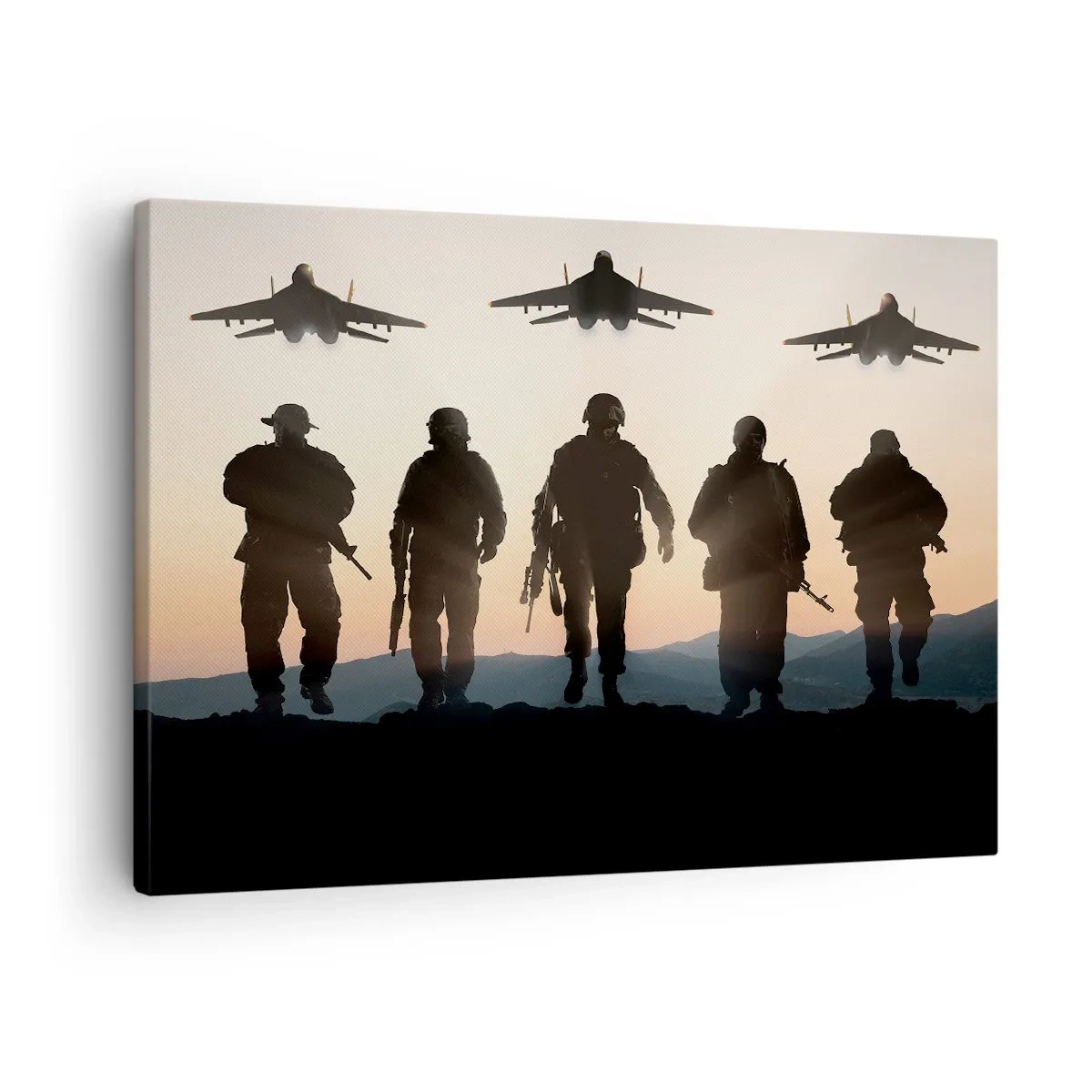 Schilderen op canvas - Silhouetten van soldaten en straaljagers tegen de achtergrond van de zonsondergang - 70x50cm - Welkom in onze wereld - Moderne wanddecoratie voor woonkamer en slaapkamer ARTTOR