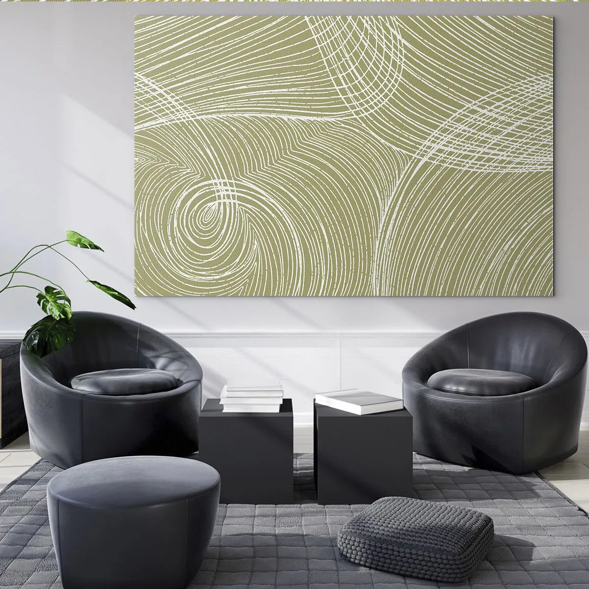 Schilderen op glas - Witte lijnen vormen een complexe structuur tegen een olijfgroene achtergrond. - 70x50cm - Ingewikkelde abstractie in wit - Moderne wanddecoratie voor woonkamer en slaapkamer ARTTOR