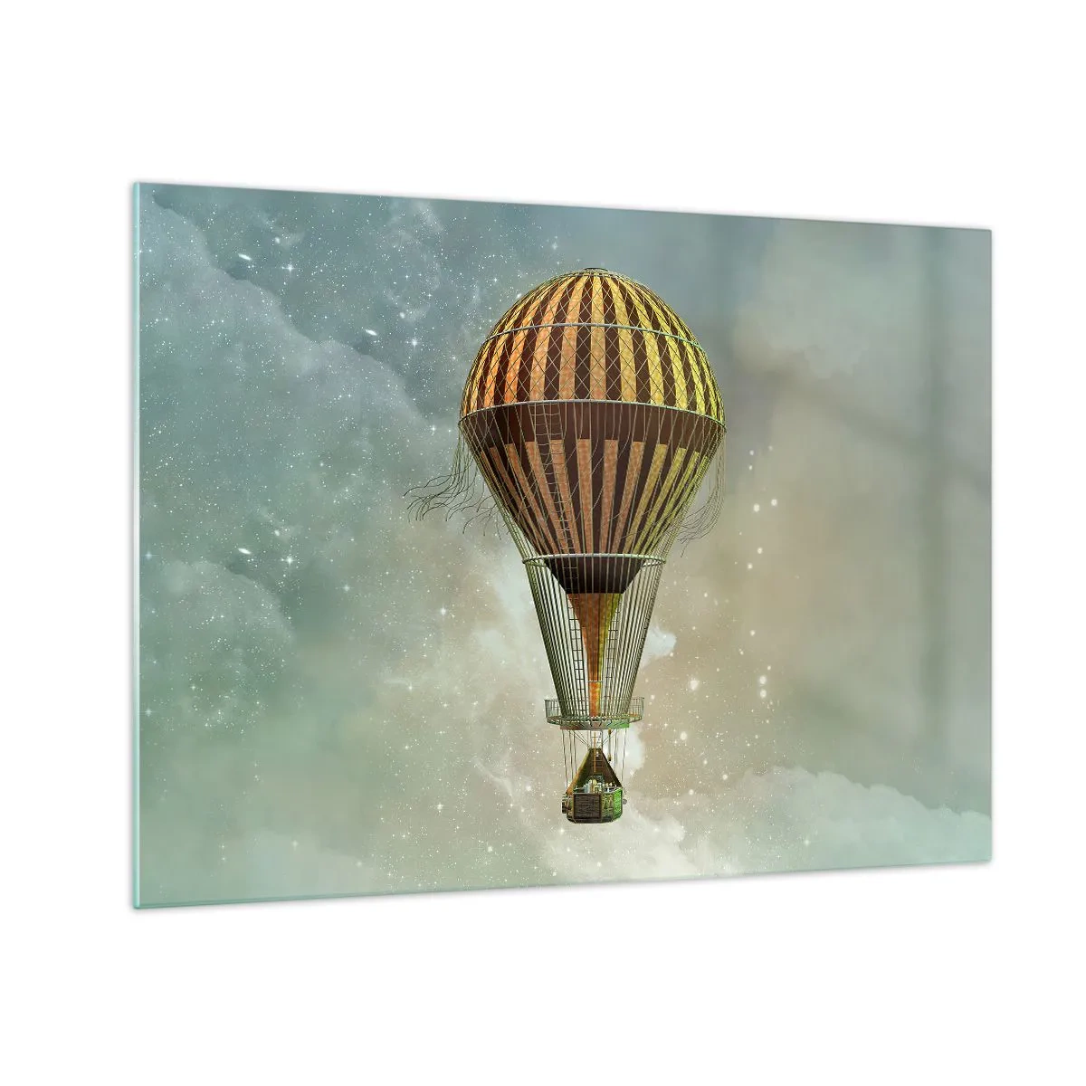 Schilderen op glas - Een gestileerde ballon tegen de achtergrond van een sterrenhemel en wolken. - 70x50cm - Baanbrekende vluchten - Moderne wanddecoratie voor woonkamer en slaapkamer ARTTOR