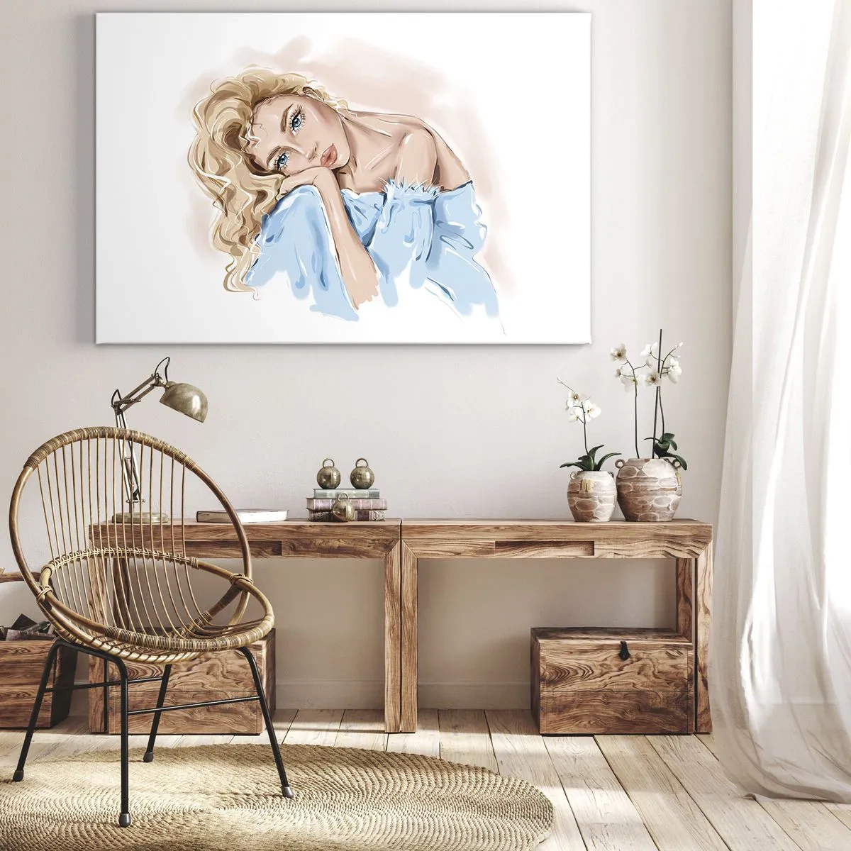 Schilderen op canvas - Portret van een vrouw in een blauwe jurk met blond haar - 70x50cm - Dromerig in het blauw - Moderne wanddecoratie voor woonkamer en slaapkamer ARTTOR
