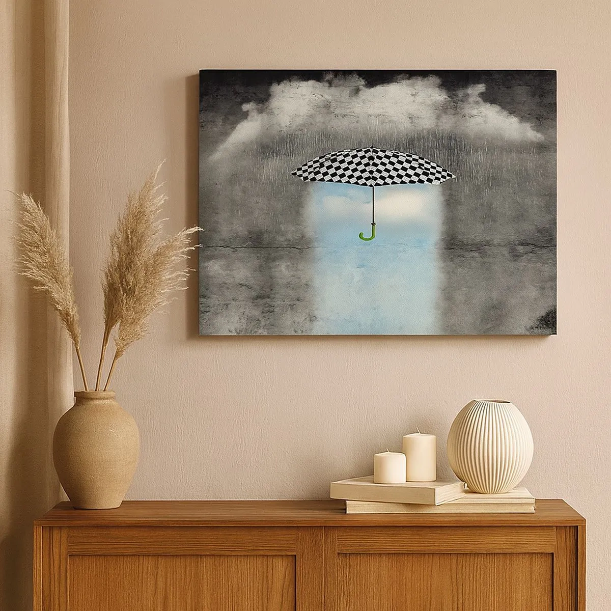Schilderen op canvas - Een geruite paraplu boven een regenachtig landschap - 70x50cm - Toch mogelijk - Moderne wanddecoratie voor woonkamer en slaapkamer ARTTOR