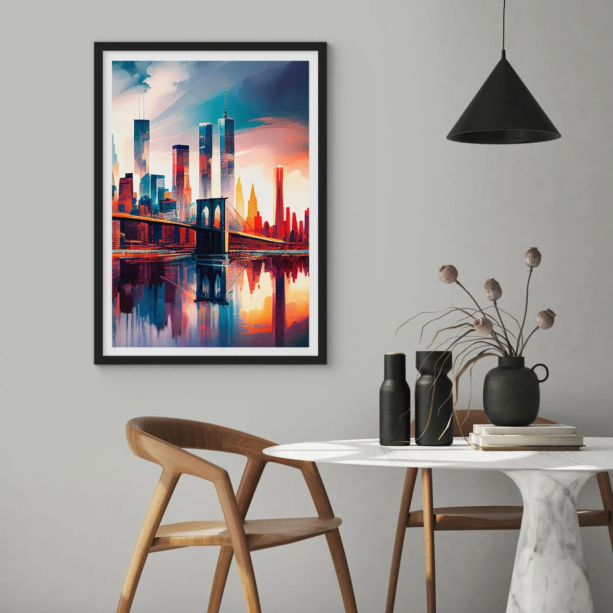 Poster in een zwarte lijst - Panorama van de stad met een brug en weerspiegeling in het water - 50x70cm - Een droomachtig New York - Moderne wanddecoratie voor woonkamer en slaapkamer ARTTOR